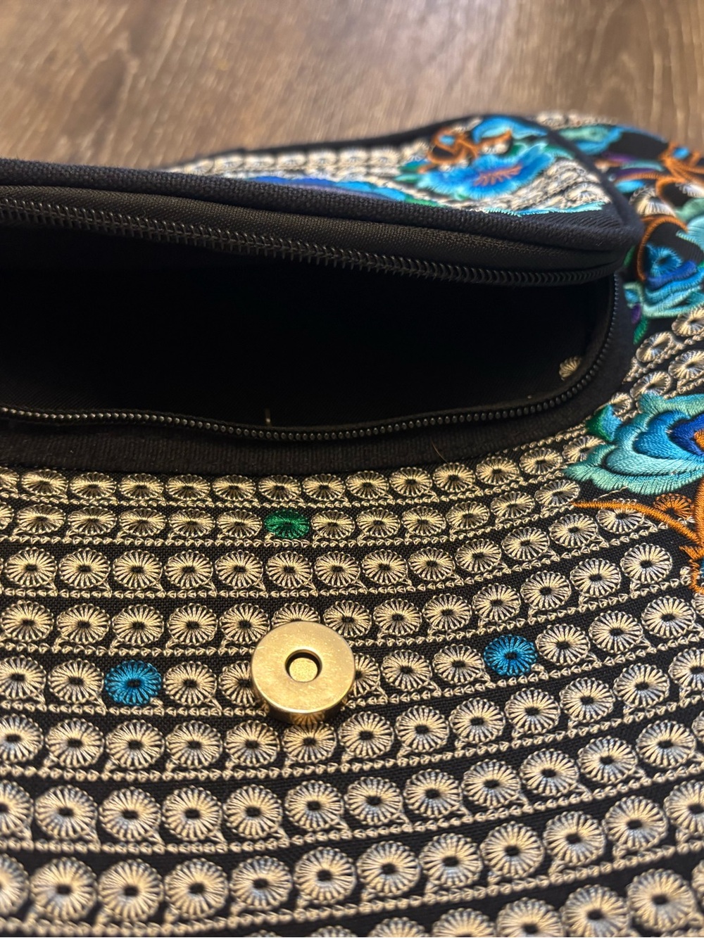 Backpack - Embroidered Floral Black and Blue Drawstring - Picture 6 of 8